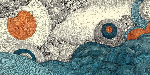 Abstract organic forms with swirling patterns and warm and cool colors.