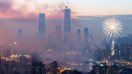 Misty cityscape at twilight with fireworks lighting the evening sky over tall buildings - Powered by Adobe