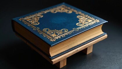Fototapeta premium Dark background displays navy blue leather book on wooden stand. Intricate gold detailing adorns cover of this antique volume. Thick tome exudes sense of history, wisdom, perfect for literary themes.