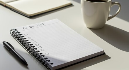 morning light illuminating a to-do list on a desk with pen and coffee cup creating workspace vibe