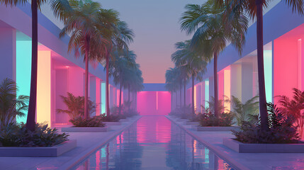 Naklejka premium A vibrant and colorful architectural landscape with palm trees and a reflective pool. The scene is bathed in neon light