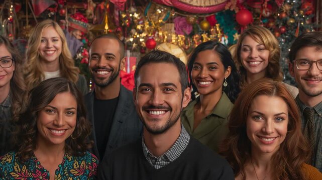 Ending countdown cueing nine friends standing together facing camera at home, with lights, baubles