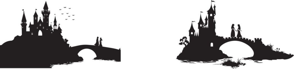 Silhouette of magical fairy tale castles with bridges over water, symbolizing fantasy, imagination, dreams, and adventure — black and white castle illustration perfect for storybook, logo, and design 