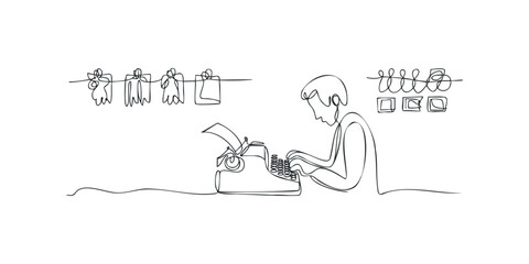 Man typing on vintage typewriter with calendar and gift illustrations