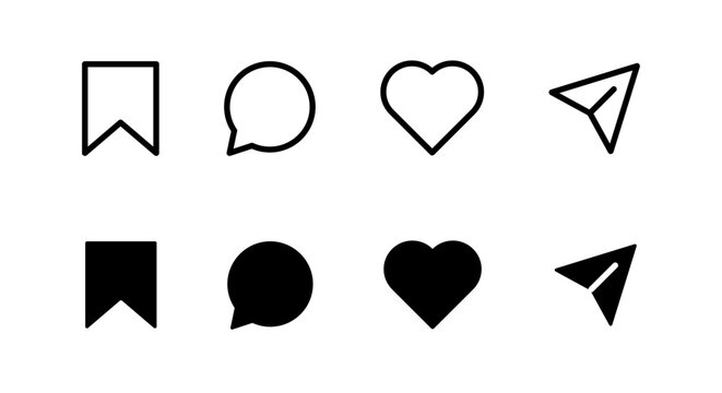Social media icon set with heart, chat, bookmark and send symbols, bookmark save button, heart like symbol, chat message bubble, send message, Vector illustration.