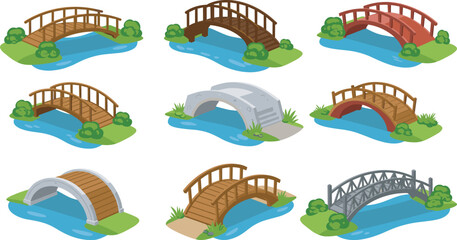 Set of different small garden bridges over water, wooden, stone, and metal bridge illustration for landscape design and outdoor architecture concept