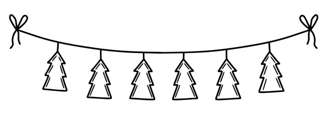 Christmas tree garland banner doodles. Hand drawn winter holiday bunting vector Illustration. Perfect for holiday designs, cards, decorations, logos