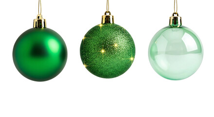 Three green christmas baubles isolated on transparent background