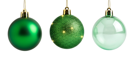 Three green christmas baubles isolated on transparent background