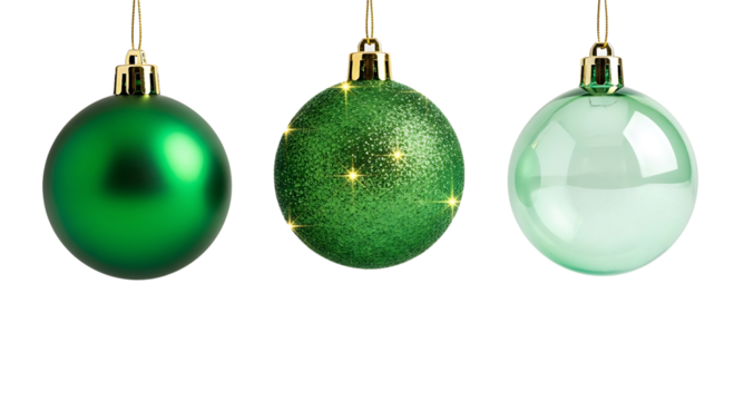 Three green christmas baubles isolated on transparent background