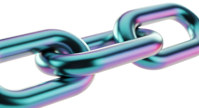 Closeup of a metallic chain with iridescent colors, isolated on transparent background