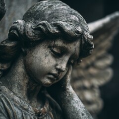 Image with background and place for caption and fragment of tragic sad angel statue at the cemetery. Funeral ceremony.