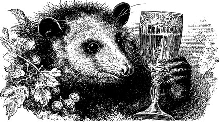 Vintage engraving of an animal holding a cup. Detailed vector illustration featuring fur and leaves, showcasing classic line art style.