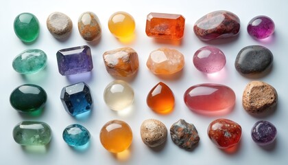 Top view flat lay shows colorful gemstones of different shapes on white. Stones are isolated. Gems represent beauty. Minerals and rocks can be used in jewellery industry. Decoration closeup shot.