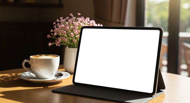 digital tablet with blank screen on wooden table beside coffee cup and flowers in cozy cafe