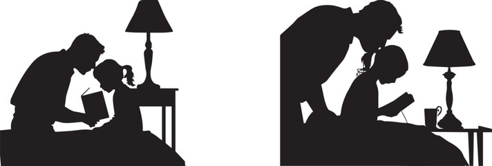 Silhouette of a caring father helping his daughter read a book under a lamp, representing education, family bonding, love, parenting, learning, and support in a calm home environment illustration