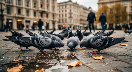 A flock of pigeons gathered around crumbs on wet cobblestones in a European city square, with blurred people in the background. Captures urban life and common city scenes.