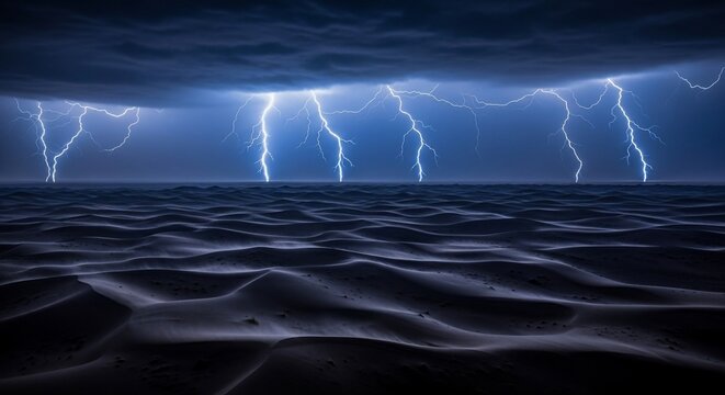 Night storm with lightning over ocean or desert landscape - Powered by Adobe