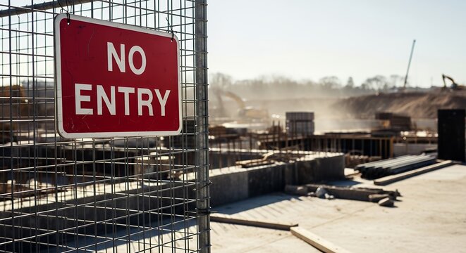 A red and white NO ENTRY sign hangs on a metal fence at a construction site with heavy machinery and building materials visible in the hazy background safety warning restricted area - Powered by Adobe