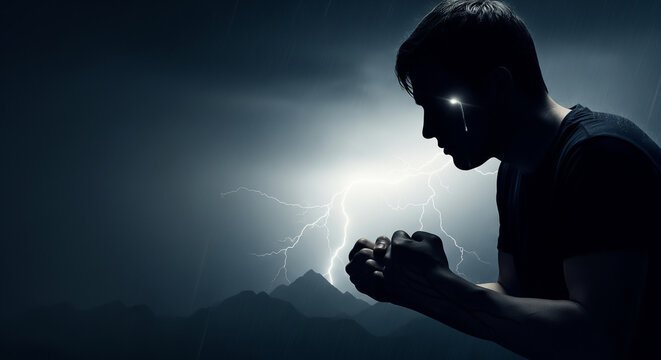 Silhouette of a man intensely praying amidst heavy rain and lightning. Expressing despair and hope. Used for religion, inspiration, melancholy, book covers, and articles.