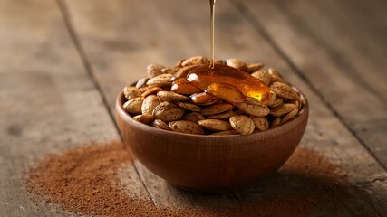Dropping golden honey stream glazing roasted pumpkin seeds in wooden bowl on countertop, with spice - Powered by Adobe