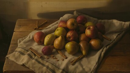 Tilting camera revealing still-life on table at kitchen window, with apples pears cinnamon sticks - Powered by Adobe