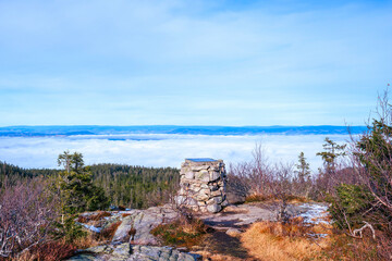 The cairn on the Hervenknappen Hill, part of the Totenåsen Hills, Norway, in October 2025.
