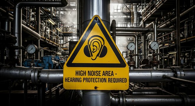 Yellow triangular warning sign indicating high noise area with hearing protection required amidst industrial factory pipes steam and pressure gauges Safety Equipment Machinery Manufacturing