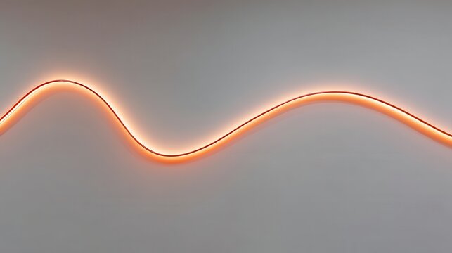Minimalist red glowing neon light strip forming a sinuous line against a light gray background contemporary art abstraction