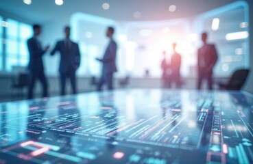Modern office with blurred executives by digital data screen. Team collaborates near futuristic interface displaying financial graphs and charts. Business analysis technology.