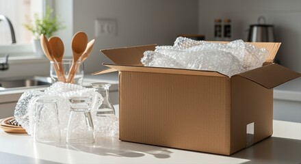 cardboard box with bubble wrap and glassware on kitchen counter in bright morning light