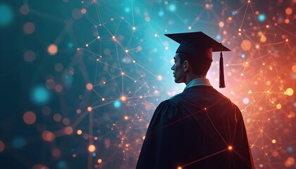 Young graduate in cap, gown stands, looking to bright future. Digital connectivity surrounds. Student ready for tech career path, new opportunities. Innovation, learning await. Global network, data