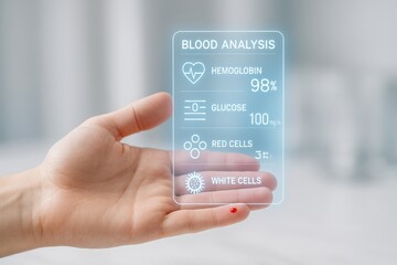 A Close-Up of a Hand Holding a Futuristic Holographic Blood Analysis Display Showing Hemoglobin, Glucose, and Cell Count Values