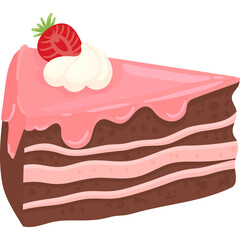 Slice Of Chocolate Cake With Pink Frosting And Strawberry Garnish On Top White Cream Layered Dessert Isolated On Transparent Background