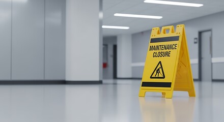 Yellow triangular portable caution sign with black text reading MAINTENANCE CLOSURE and a pictogram of a person with a shovel on a polished white floor in a modern hallway warning hazard
