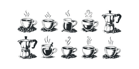 Collection of Hand-Drawn Coffee Cups and Makers with Steam