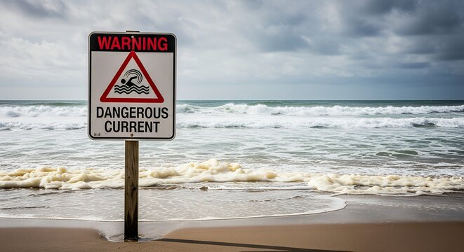 Warning sign indicating dangerous currents on a sandy beach with choppy ocean waves under a cloudy sky sea water coast shoreline storm clouds foam information caution hazard nature