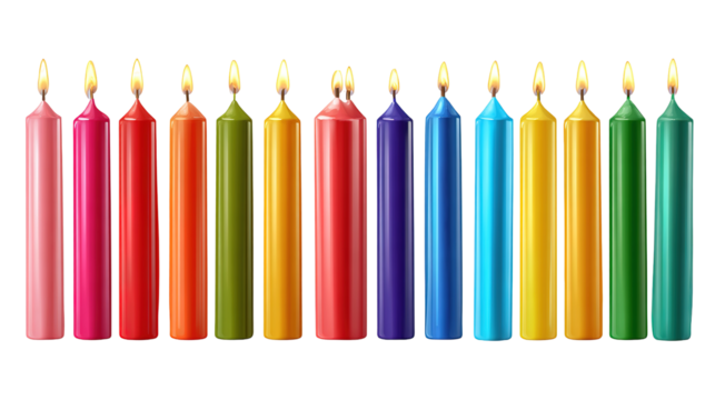 colorful birthday candles isolated on transparent white background