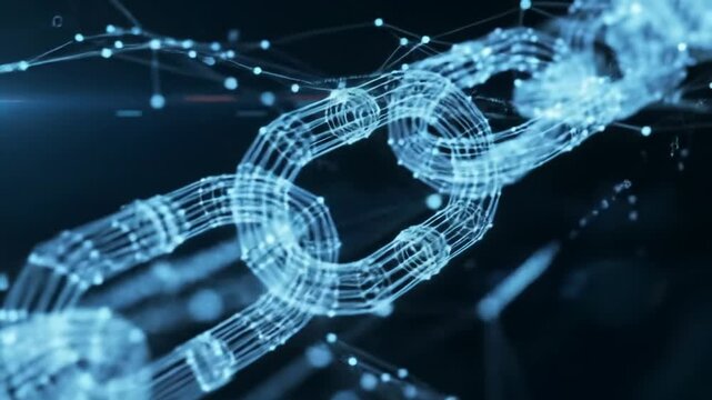 An electric blue wireframe blockchain chain with pulsating nodes moves diagonally through a deep dark void with shimmering data streams, tracking video dollying out. Futuristic technology concept.