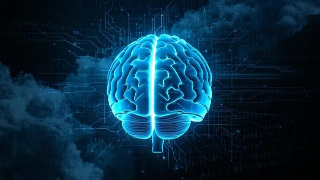 Rotating neon blue 3D brain model upon playback highlighting symmetry against clouds with circuits
