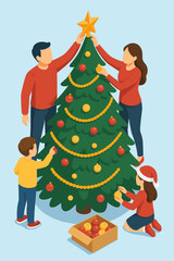 Family decorating Christmas tree at home. Isometric holiday illustration with gifts and fireplace