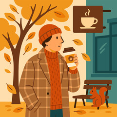 Man drinking coffee outdoors in autumn park. Cozy fall illustration with leaves and warm colors