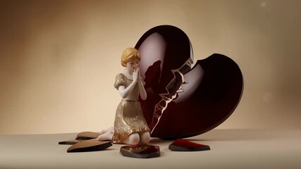 Emerging golden sparkles drifting around heart sculpture and figurine in studio highlighting crack - Powered by Adobe