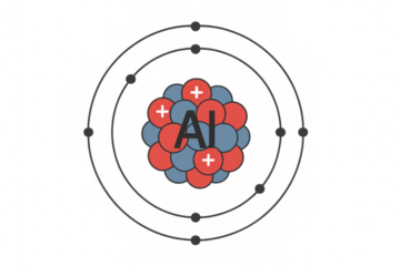 Aluminum element atom structure illustrating subatomic particles and electron shells, with transparent background, for science and education