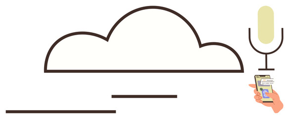 Cloud outline with microphone and handheld smartphone displaying content. Ideal for communication, technology, voice control, innovation, digital interaction, cloud storage, and user interface