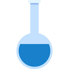 Flat colorful laboratory flask with blue liquid and transparent background symbolizing science and chemistry experiments