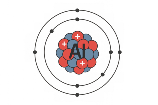 Aluminum element atom structure illustrating subatomic particles and electron shells, with transparent background, for science and education