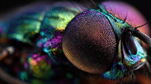 Close-up macro image of a colorful insect with iridescent body and multifaceted eyes