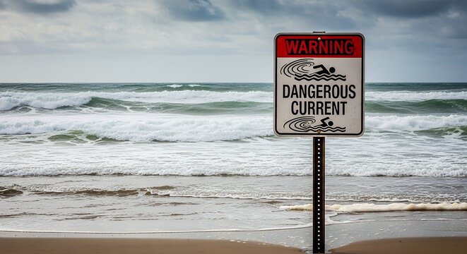 Warning sign indicating dangerous currents on a beach with rough ocean waves and cloudy sky 106 characters sea water coast nature storm clouds surf tide safety hazard risk alert no swimming