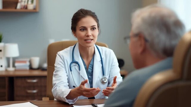 Female physician greeting senior patient upon arrival, explaining treatment at desk with clipboard